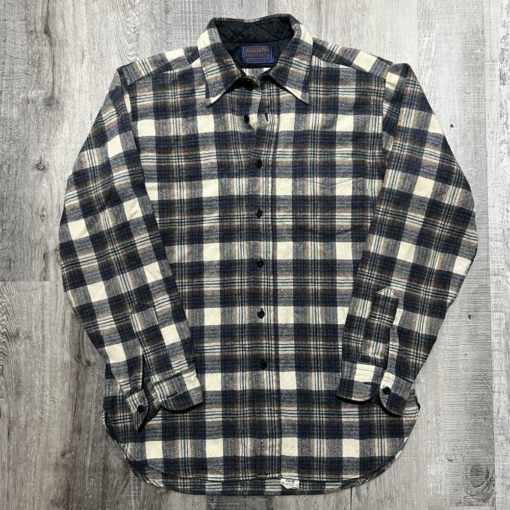 VTG Pendleton Lodge Shirt Blue Plaid 100% Wool Single Pocket Flannel Shirt Sz M